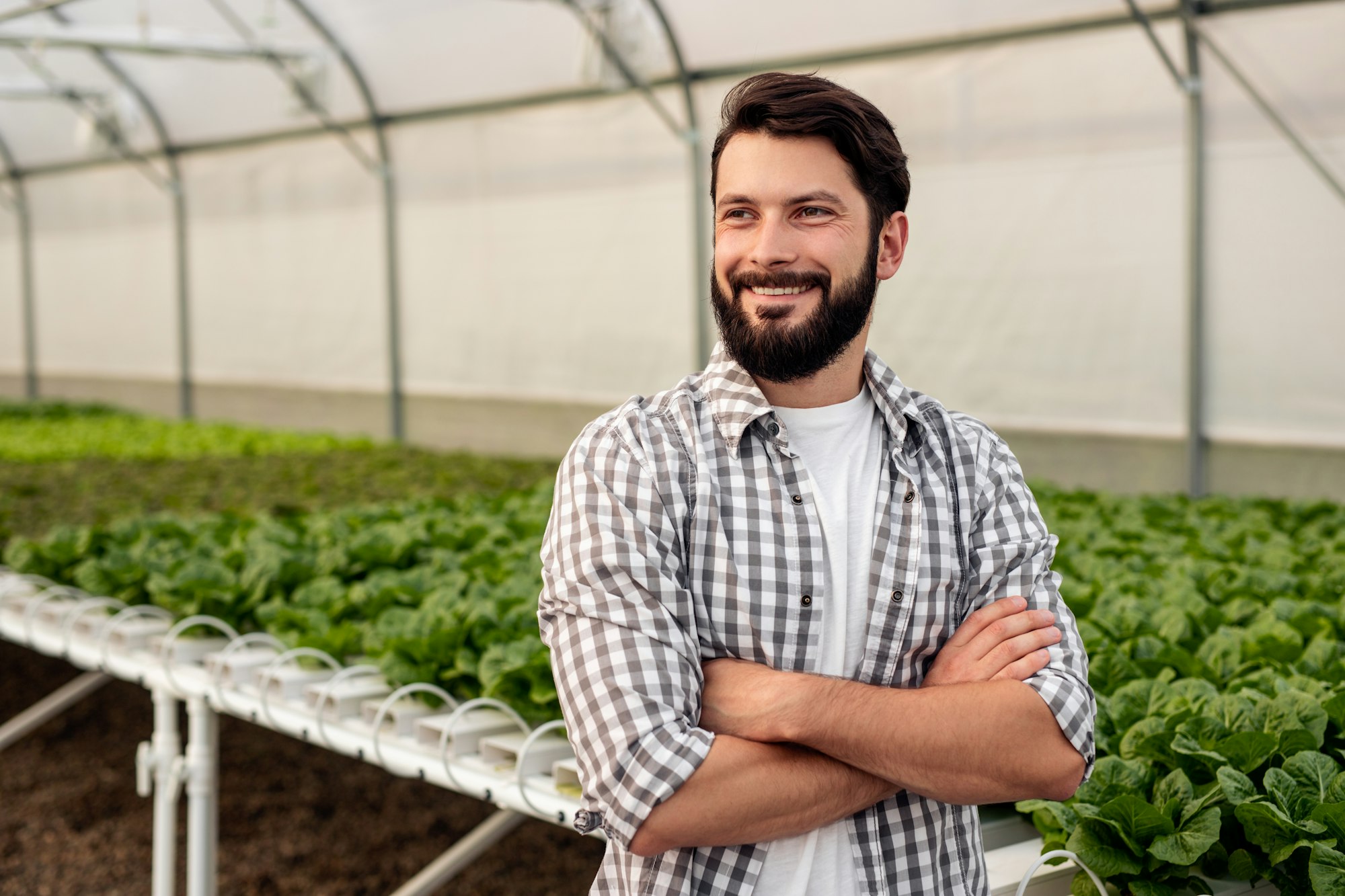 Smiling farmer standing in greenhouse with lettuce